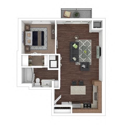 Floor plan for 1 bed, 1 bath, 709 sqft